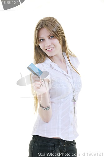 Image of young woman hold credit card