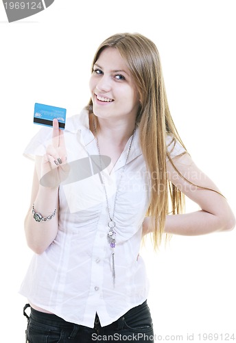 Image of young woman hold credit card