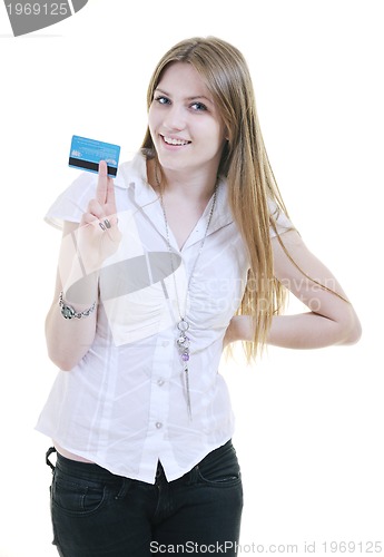 Image of young woman hold credit card