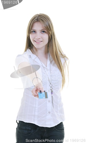 Image of young woman hold credit card