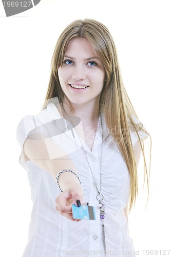 Image of young woman hold credit card