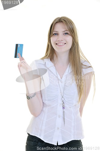 Image of young woman hold credit card