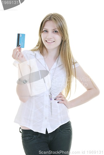 Image of young woman hold credit card