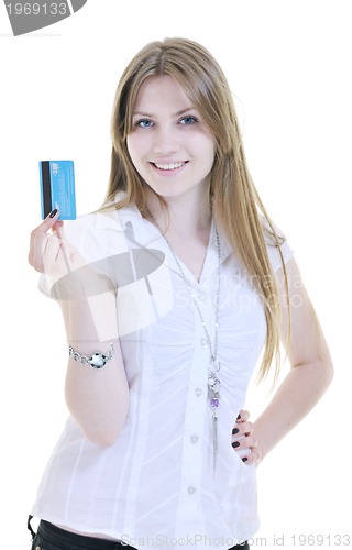 Image of young woman hold credit card
