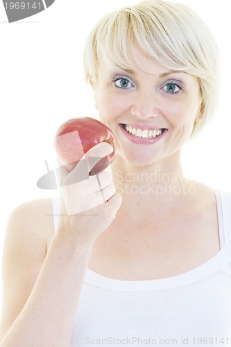 Image of happy  young  woman eat green apple isolated  on white