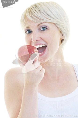 Image of happy  young  woman eat green apple isolated  on white