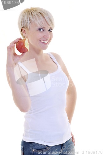 Image of happy  young  woman eat green apple isolated  on white