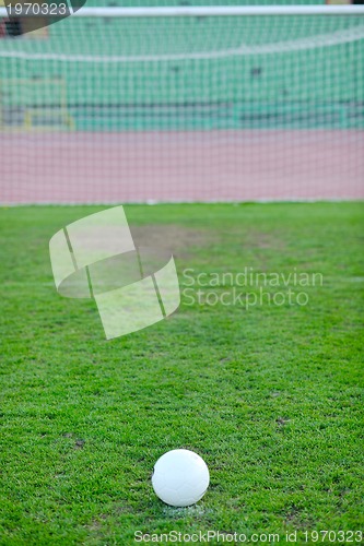 Image of Soccer ball on grass at goal and stadium in background