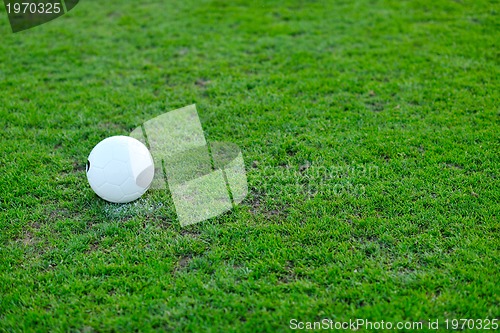 Image of Soccer ball on grass at goal and stadium in background