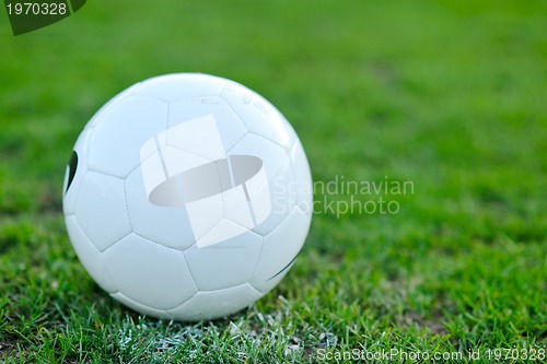 Image of Soccer ball on grass at goal and stadium in background