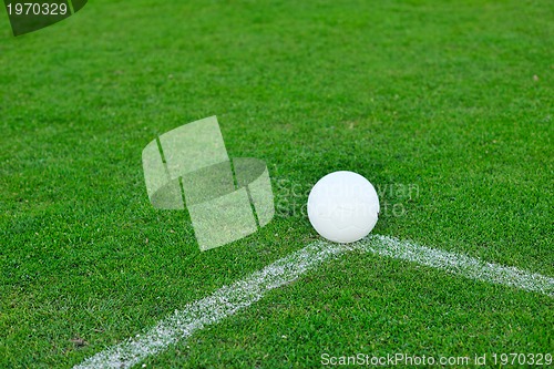 Image of Soccer ball on grass at goal and stadium in background