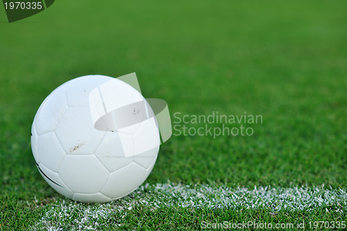 Image of Soccer ball on grass at goal and stadium in background