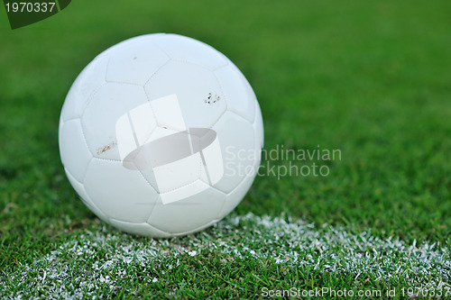 Image of Soccer ball on grass at goal and stadium in background