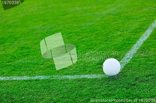 Image of Soccer ball on grass at goal and stadium in background