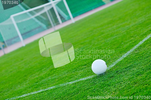 Image of Soccer ball on grass at goal and stadium in background