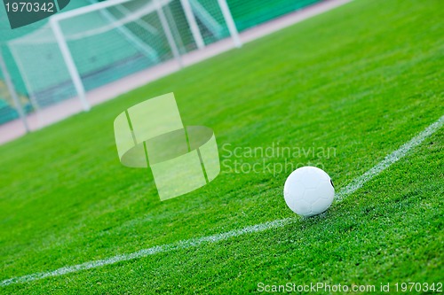 Image of Soccer ball on grass at goal and stadium in background