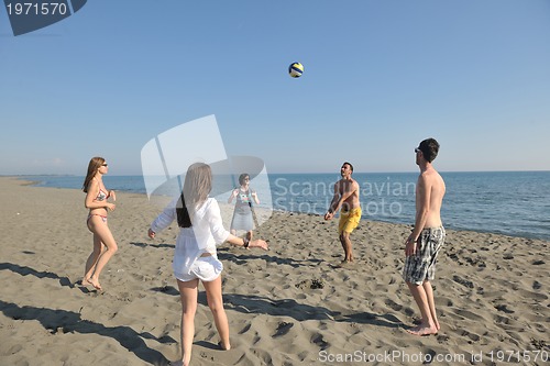 Image of young people group have fun and play beach volleyball