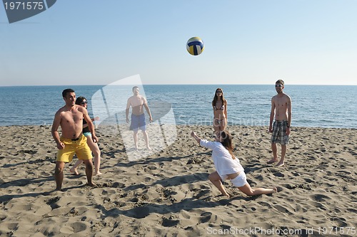 Image of young people group have fun and play beach volleyball