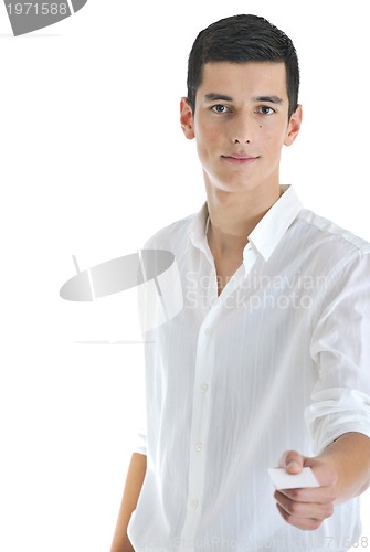 Image of young businessman with empty business card