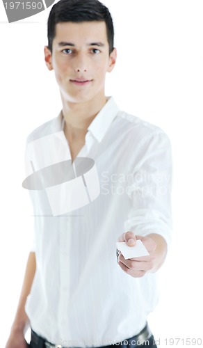 Image of young businessman with empty white card