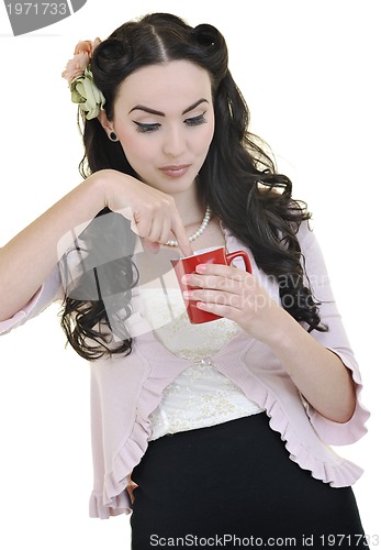 Image of beautiful young woman with red coup of coffee isolated on white