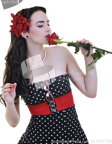 Image of young woman with rose flower isolated on white