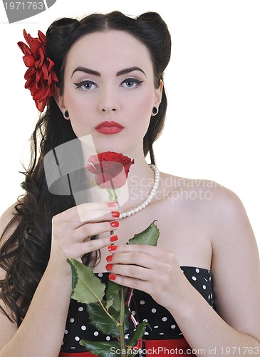 Image of young woman with rose flower isolated on white