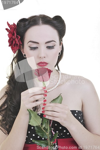Image of young woman with rose flower isolated on white