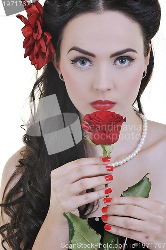 Image of young woman with rose flower isolated on white
