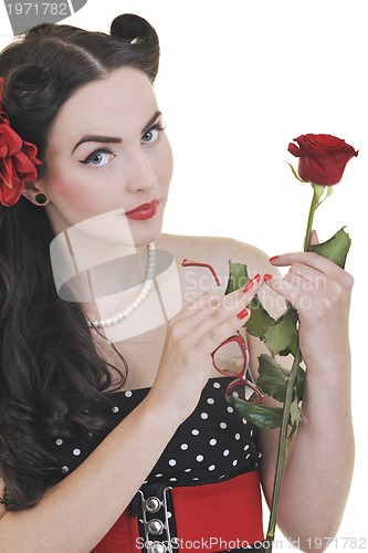 Image of young woman with rose flower isolated on white