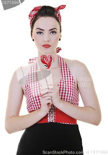 Image of happy woman with lollipop isolated on white 