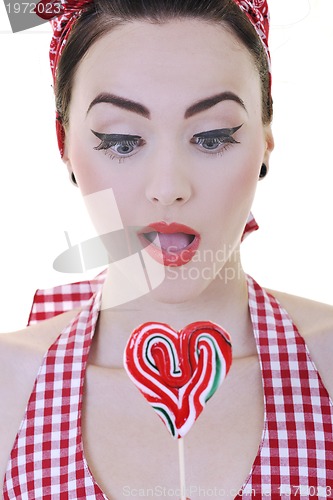 Image of happy woman with lollipop isolated on white 