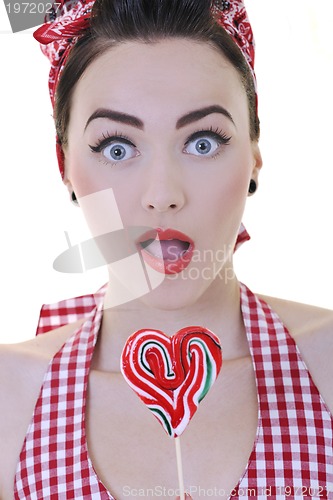 Image of happy woman with lollipop isolated on white 