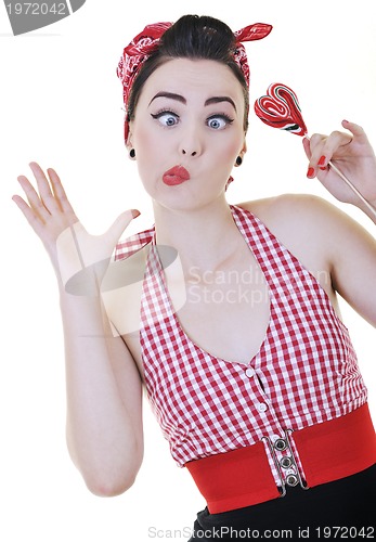 Image of happy woman with lollipop isolated on white 