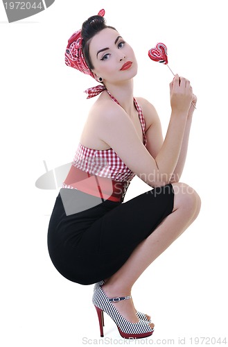 Image of happy woman with lollipop isolated on white 