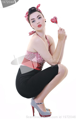 Image of happy woman with lollipop isolated on white 