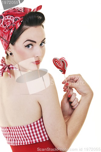 Image of pretty young happy woman with travel bag waiting and posing isol