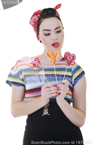 Image of happy woman with lollipop isolated on white 