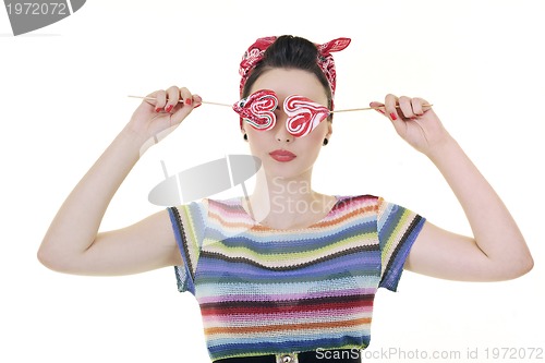 Image of pretty young happy woman with travel bag waiting and posing isol