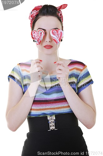 Image of happy woman with lollipop isolated on white 