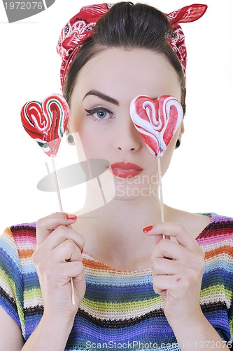 Image of happy woman with lollipop isolated on white 