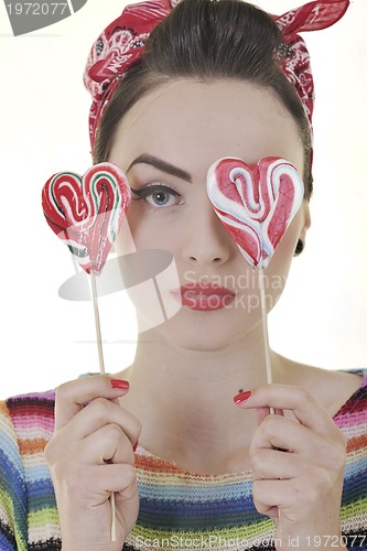 Image of pretty young happy woman with travel bag waiting and posing isol