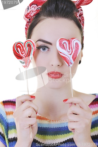 Image of happy woman with lollipop isolated on white 