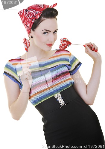 Image of happy woman with lollipop isolated on white 