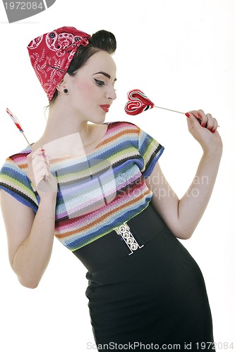 Image of pretty young happy woman with travel bag waiting and posing isol