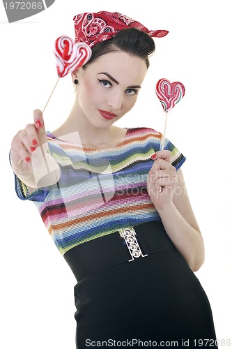 Image of pretty young happy woman with travel bag waiting and posing isol