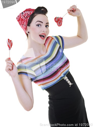 Image of happy woman with lollipop isolated on white 