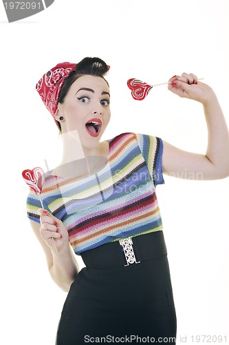 Image of pretty young happy woman with travel bag waiting and posing isol