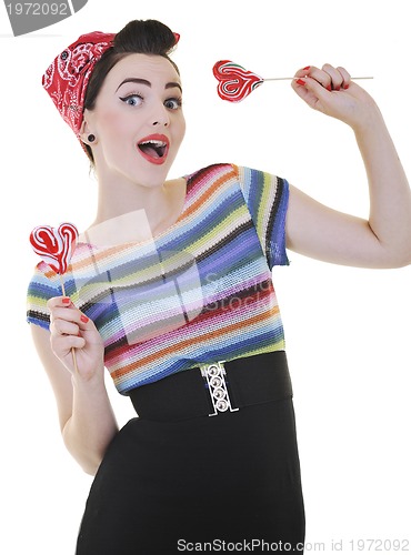 Image of happy woman with lollipop isolated on white 