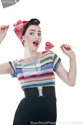 Image of pretty young happy woman with travel bag waiting and posing isol